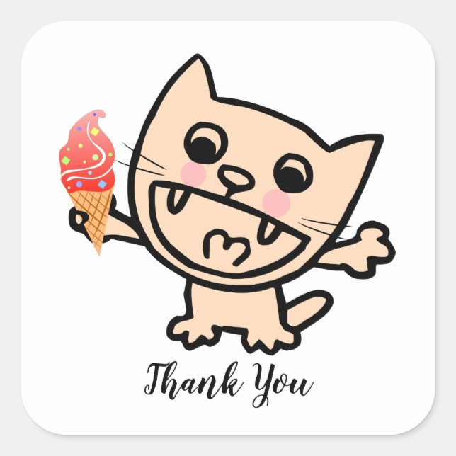 Happy Cat With Ice Cream Square Sticker (Front)