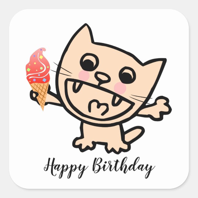 Happy Cat With Ice Cream Square Sticker (Front)