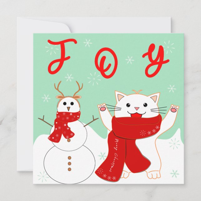 Happy Cat With Snowman | Cute Christmas Flat Card (Front)
