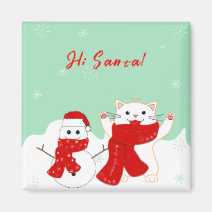 Happy Cat With Snowman Cute Christmas Magnet