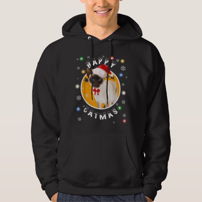Happy Catmas Siamese Xmas Cat in Santa Hat Hoodie (Front)