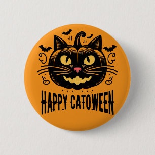 Happy Catoween Black Cat Pumpkin Face Halloween 6 Cm Round Badge