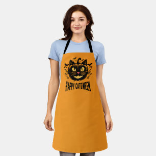 Happy Catoween Black Cat Pumpkin Face Halloween   Apron