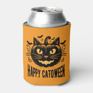 Happy Catoween Black Cat Pumpkin Face Halloween   Can Cooler