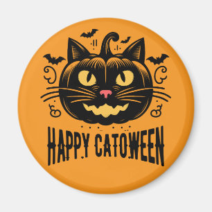 Happy Catoween Black Cat Pumpkin Face Halloween Magnet
