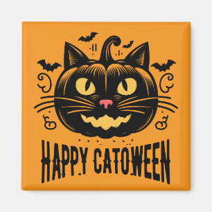 Happy Catoween Black Cat Pumpkin Face Halloween   Magnet
