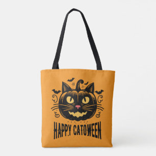 Happy Catoween Black Cat Pumpkin Face Halloween Tote Bag