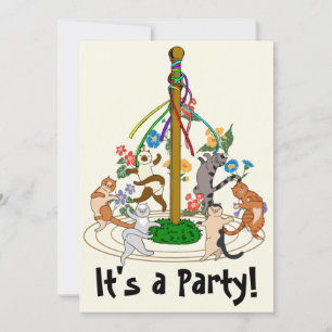 Happy Cats Dancing Around Maypole Party Invitation