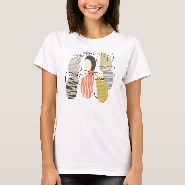 Happy Cats Whimsical Illustration T-Shirt (Front)