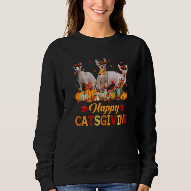 Happy Catsgiving Sphynx Cat Autumn Fall Vibes Than Sweatshirt (Front)