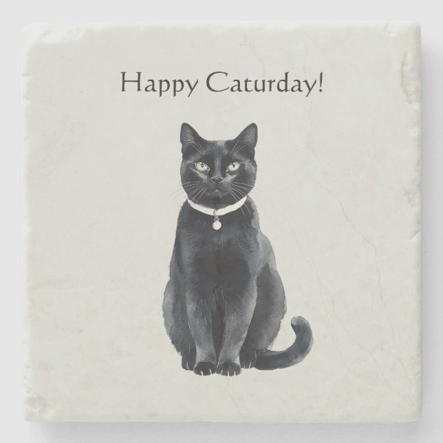Happy Caturday Black Cat Stone Coaster (Front)