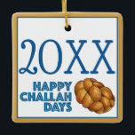 Happy Challah Days Hanukkah Jewish Holiday Bread Ceramic Ornament<br><div class="desc">Ornament features an original marker illustration of a loaf of braided challah bread, with HAPPY CHALLAH DAYS in a blue font. Great for Hanukkah gifting. This Jewish holidays design is also available on other products. Don't see what you're looking for? Need help with customisation? Contact Rebecca to have something designed...</div>