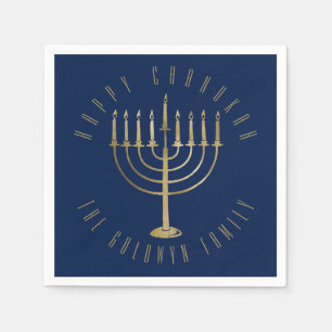Happy Chanukah Blue Gold Menorah Holiday Napkin