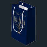 Happy Chanukah Faux Gold Menorah Blue Holiday Small Gift Bag<br><div class="desc">Wrap your gifts in style this holiday season with our elegant Chanukah gift bags. This simple but chic design features a navy blue background with a large faux gold menorah in the centre. Above it reads "Happy Chanukah". Designed by artists  © Tim Coffey and Susan Coffey.</div>