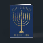Happy Chanukah Gold Menorah Blue Holiday Card<br><div class="desc">Send your loved ones a personalised card this Chanukah season. This design features a gold coloured menorah on a navy blue background. Above it the message reads "Happy Chanukah". Below the menorah is a place for your family name which you may personalise or remove if you'd like. Inside of the...</div>