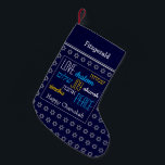 HAPPY CHANUKAH Hebrew Love Joy Peace DARK BLUE Small Christmas Stocking<br><div class="desc">Dark blue HAPPY CHANUKAH stocking with silver coloured Star of David pattern and LOVE JOY PEACE written in English and Hebrew. The placeholder greeting and name are customisable so you can add your name or change the greeting. Same design on the reverse. Ideal way to present your small Hanukkah gifts....</div>