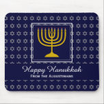 HAPPY CHANUKAH Love Joy Peace BLUE Hebrew Mouse Pad<br><div class="desc">Colourful festive MOUSEPAD with faux silver Star of David in subtle background pattern. A gold coloured menorah is inside a square box in the middle. There is customisable placeholder text which says HAPPY HANUKKAH in white typography. This text can be personalised so you can change the greeting (eg. Happy Chanukah)...</div>