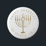 Happy Chanukah Menorah Holiday 6 Cm Round Badge<br><div class="desc">This button features a gold coloured menorah and the message above reads "Happy Chanukah". Below the menorah is a place for your family name which you may personalise or remove if you'd like.</div>