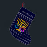 HAPPY CHANUKAH | Menorah Star of David Dreidel Small Christmas Stocking<br><div class="desc">Dark blue HAPPY CHANUKAH stocking with colourful Star of David, Dreidel and faux gold Menorah at the centre. The placeholder greeting is CUSTOMIZABLE, so you can PERSONALIZE with your name, or add an alternative greeting. Same design on the reverse. Ideal way to present your small Hanukkah gifts. Also ideal for...</div>
