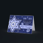 Happy Chanukah. Star of David, Menorah, Dreidels Holiday Card<br><div class="desc">Happy Chanukah. Star of David,  Menorah and Dreidels design customisable Greeting Cards. Matching cards,  party invitations and gifts available in the Jewish Holidays / Hanukkah Category of our store.</div>