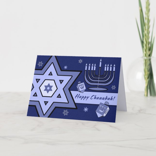 Happy Chanukah. Star of David, Menorah, Dreidels Holiday Card (Front)