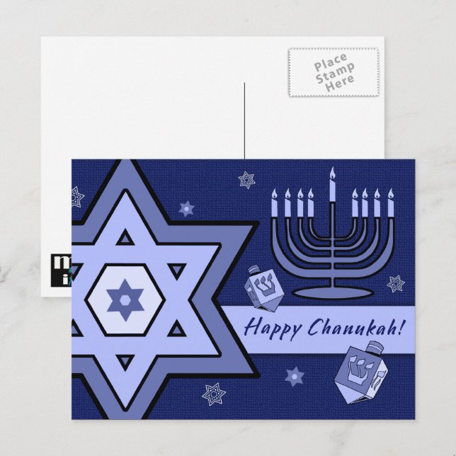 Happy Chanukah. Star of David, Menorah, Dreidels Postcard (Front/Back)