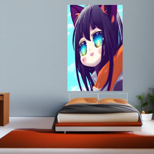 Happy Cheerful Anime cat girl    AI Art Poster