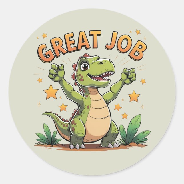 Happy Cheering Dinosaur Sticker | Great Job! (Front)