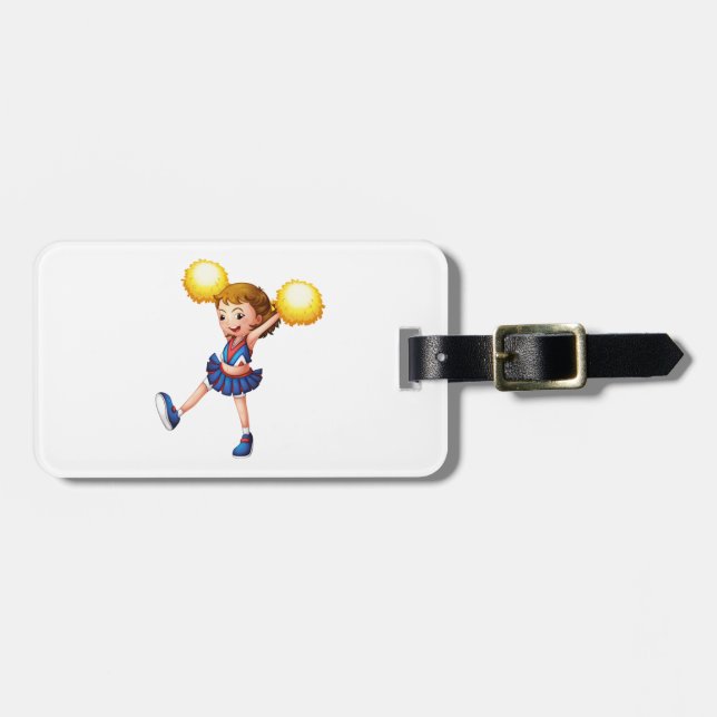 Happy Cheerleader Girl Gold Pom Poms Luggage Tag (Front Horizontal)