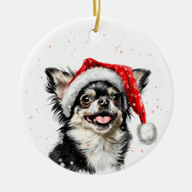 Happy Chihuahua Dog Christmas Personalized Ceramic Ornament (Front)