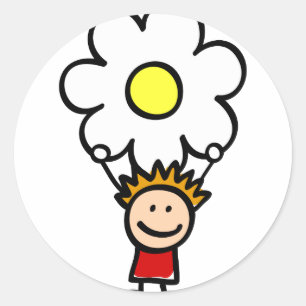 happy children holding flower cartoon illustration classic round sticker