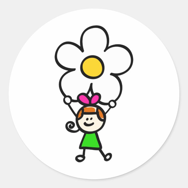 happy children holding flower cartoon illustration classic round sticker (Front)