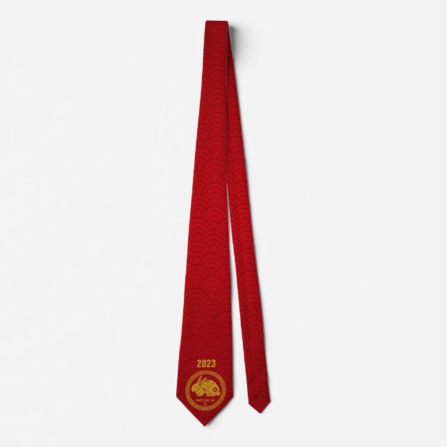 Happy Chinese New Year 2023 Rabbit Red Gold Tie (Front)