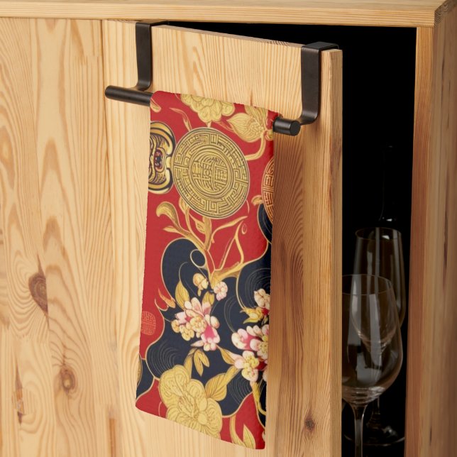 Happy Chinese New Year modern asian pattern Tea Towel (Thirds Fold)