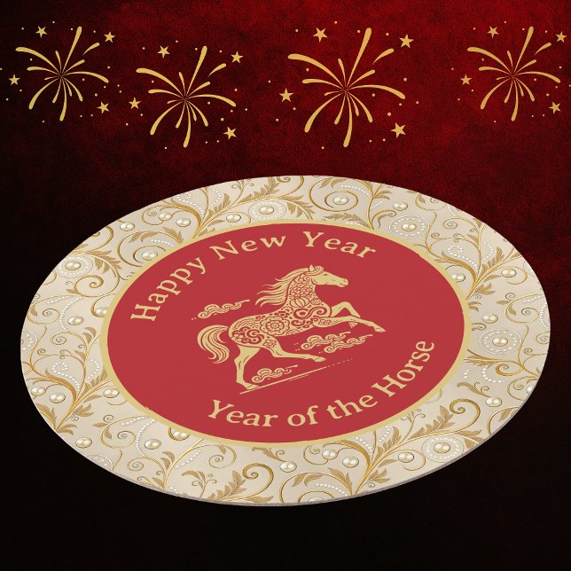 Happy Chinese New Year of Horse Elegant Gold Red  Round Paper Coaster (Creator Uploaded)
