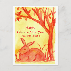 Happy Chinese New Year Of The Rabbit Watercolor Holiday Postcard