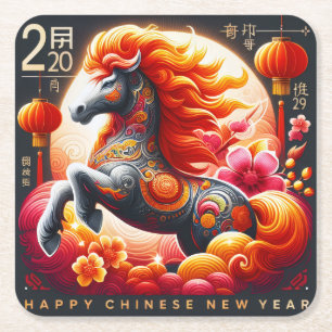 Happy Chinese New Year (Year of the Fire Horse) Square Paper Coaster
