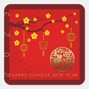 Happy Chinese Rabbit New Year 2023 Blossoms SqS Square Sticker