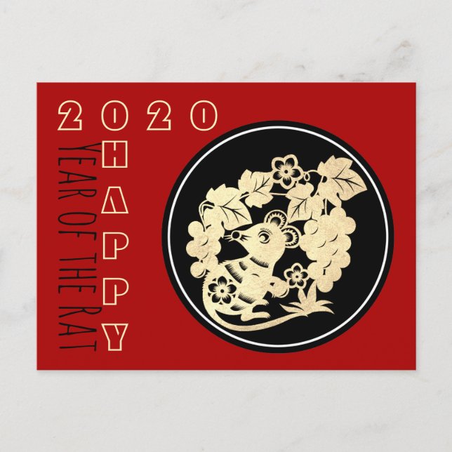 Happy Chinese Rat New Year 2020 Paper-cut 4 HHP Invitation Postcard (Front)