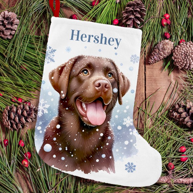 Happy Chocolate Labrador Retriever Snowflakes Dog Small Christmas Stocking (Creator Uploaded)