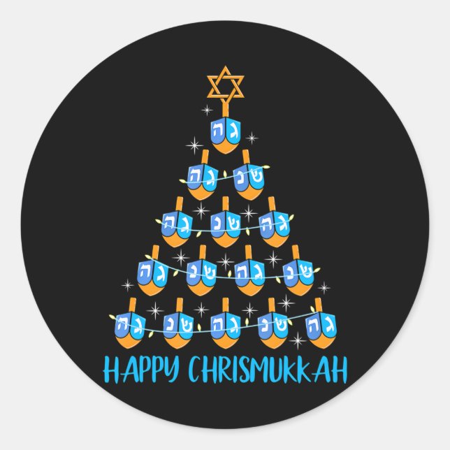Happy Chrismukkah Dreidel Christmas Tree Hanukkah Classic Round Sticker (Front)