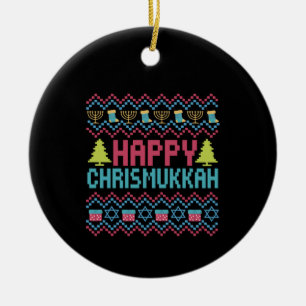 Happy Chrismukkah Funny Jewish Ugly Sweater Gift Ceramic Ornament