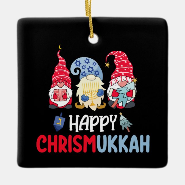 Happy Chrismukkah Gnomes Hanukkah Merry Christmas  Ceramic Ornament (Front)