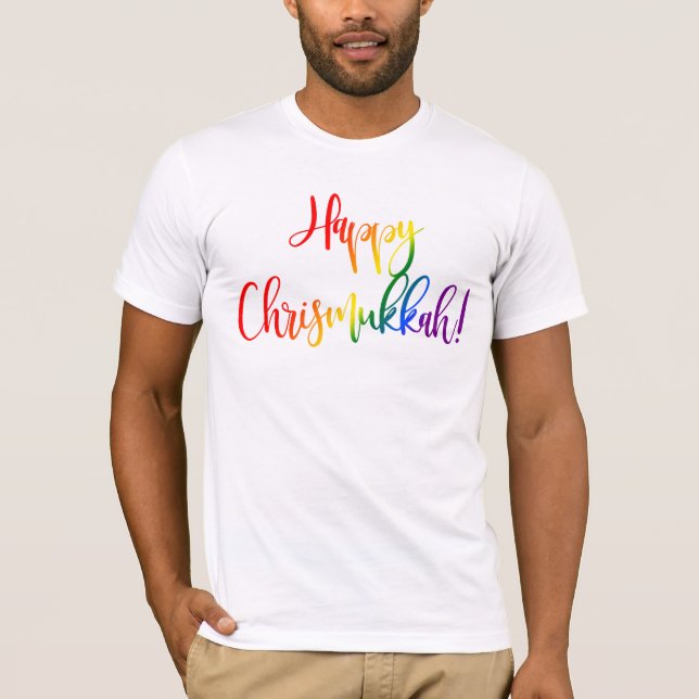 Happy Chrismukkah LGBT Rainbow Flag Typography T-Shirt (Front)