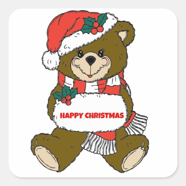 Happy Christmas Bear Square Sticker (Front)