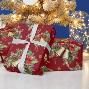 Happy Christmas Bells Holly Berries Pinecones Red Wrapping Paper