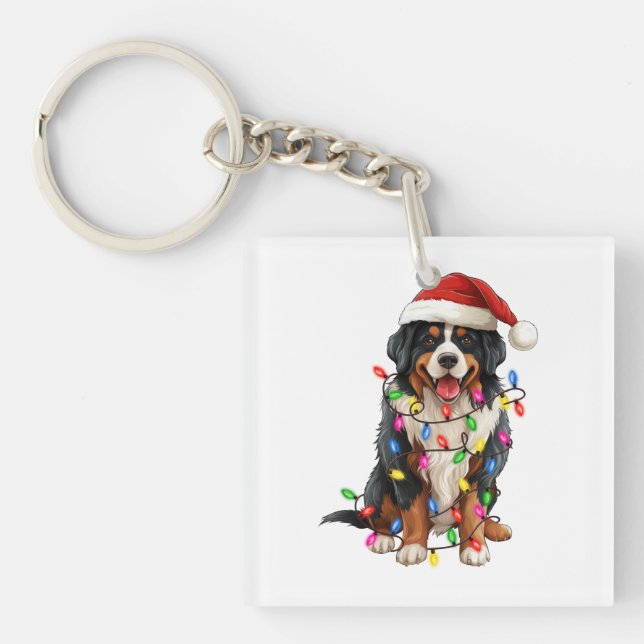 Happy Christmas Bernese Mountain Dog Santa Hat Key Ring (Front)