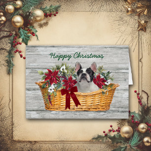 Happy Christmas Boston Terrier Dog in Basket