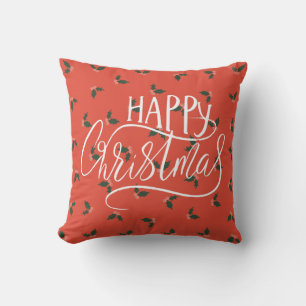 Happy Christmas Calligraphy Holly Berries Pattern Cushion