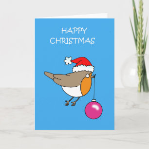 Happy Christmas Cartoon Robin Bird with Bauble Card